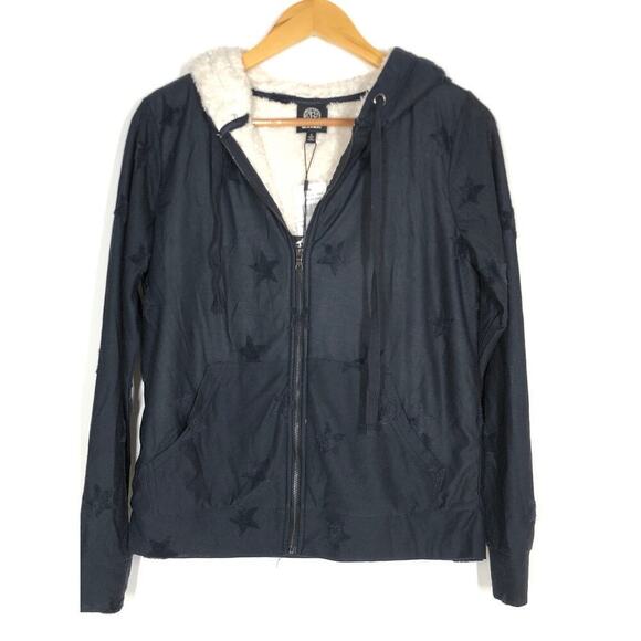 Bobeau Flocked Zip Hoodie Sweatshirt Fleece Lined Denim Stars Blue NWT Small - Picture 4 of 9